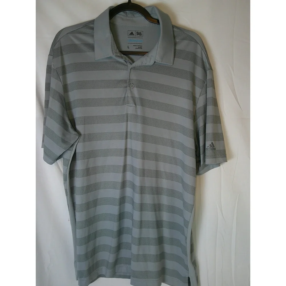 Adidas Golf Polo Shirt Men's‎ Large Gray Striped Climacool Short Sleeve